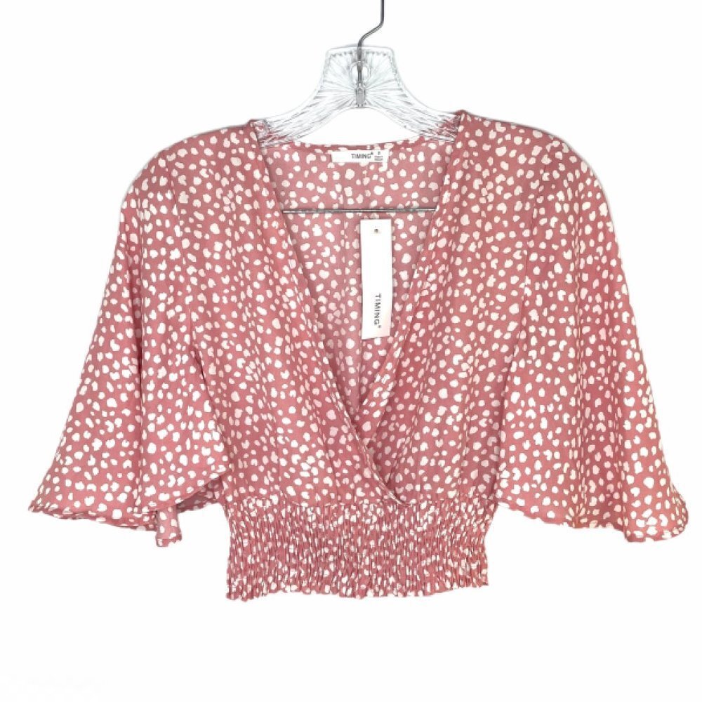 Timing Pink Cheetah Print Faux Wrap Top Sz S NWT